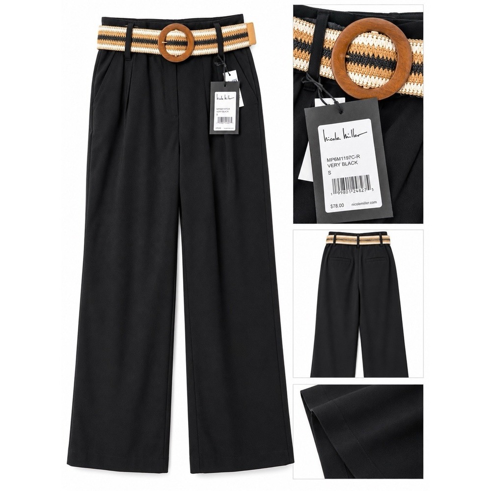 Nicole Miller Women's Black Wide Leg Pants Size S NWT Belted High Waist $78 MSRP